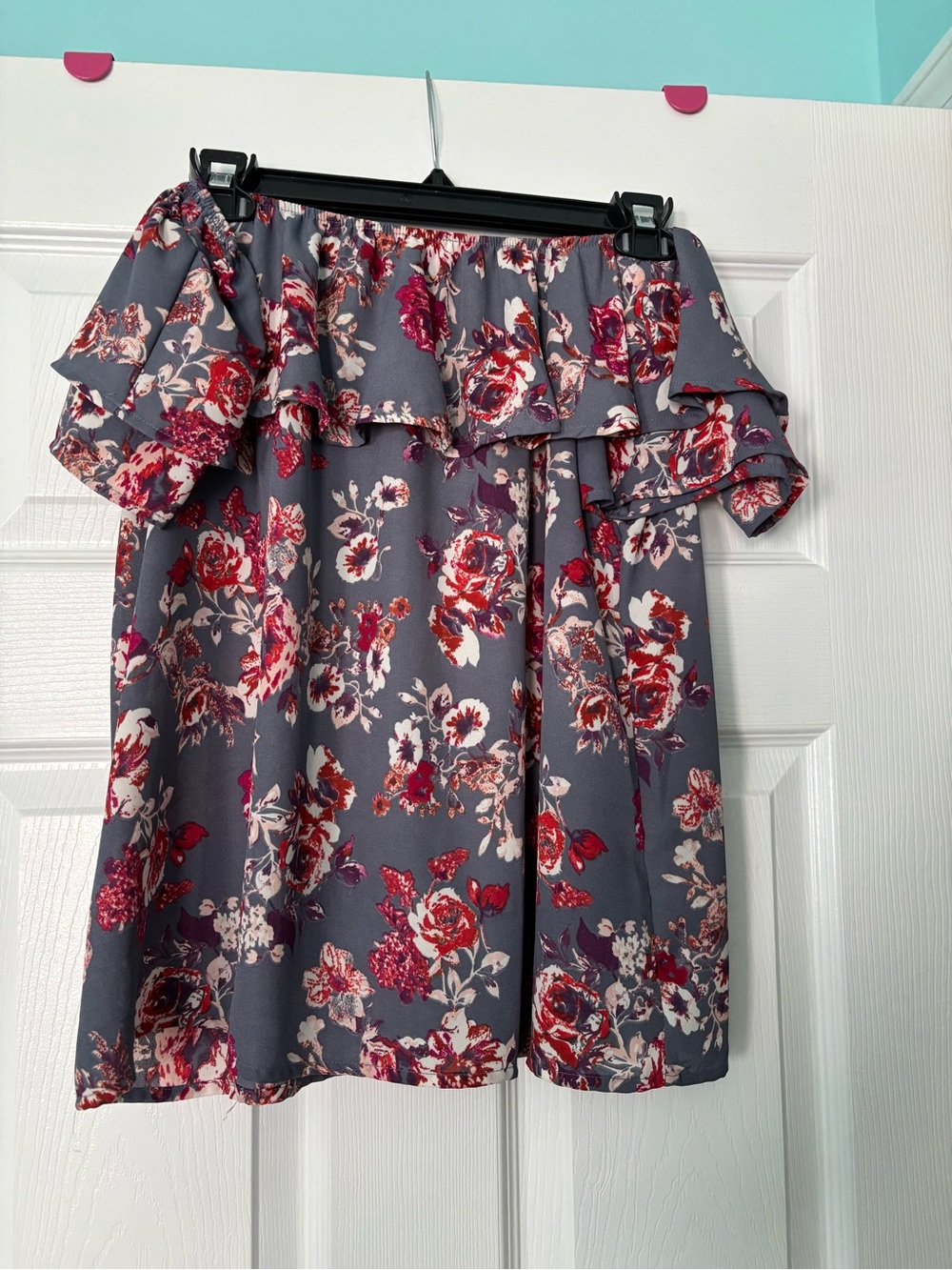 Floral Ruffled Off the Shoulder Top in Gray and Pink